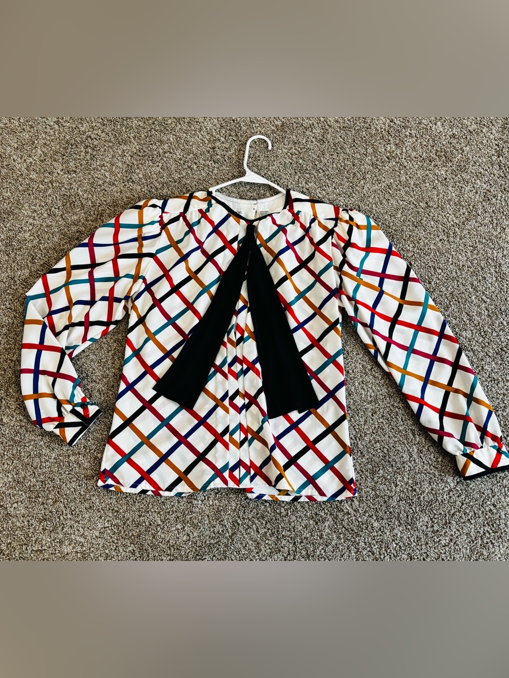 Vintage Albert Nipon White Grid Print Blouse with Black Front Tie